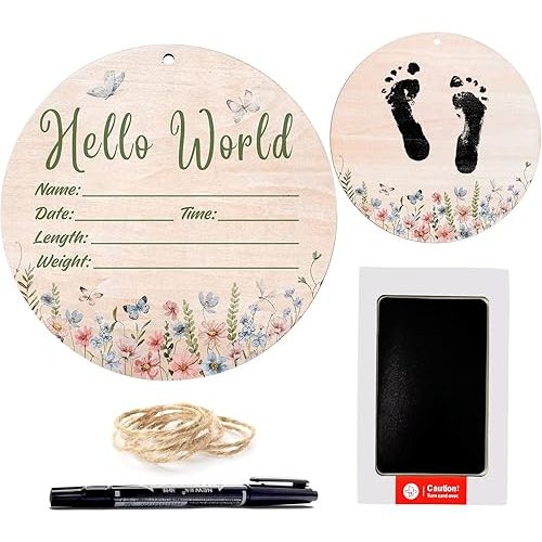 Hello World Baby Announcement Sign, Wildflower Newborn Sign, 6.7 Inch Round Wooden Name Sign for hospital, With Ink Pad for Hand and Footprints, Marker Pen, Baby Photo Prop & Keepsake