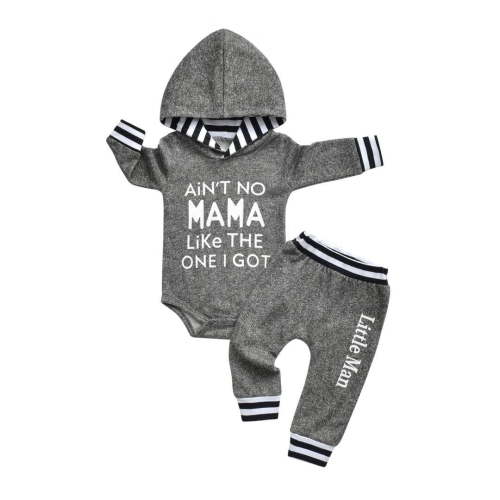Newborn Infant Baby boy Clothes Long Sleeve Letter Romper Hooded Pants Outfits Set Gray 3-6 Months
