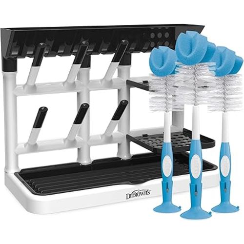 Dr. Brown's Drying Tower, Stand-Up Rack with Reusable Sponge Baby Bottle Cleaning Brush Set, 3-Pack, Blue