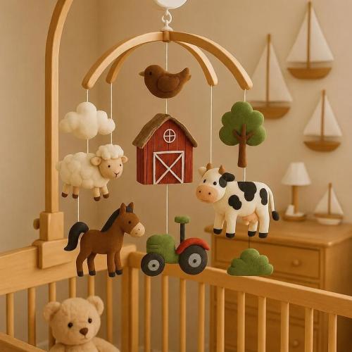 Farm Animal Baby Mobile - Handmade Movable Crib Mobile with Cow, Horse, Tractor & Barn - Rustic Nursery Decor - Ideal for Baby Shower Gift