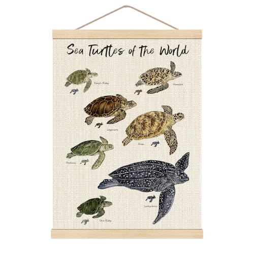 HKTZM Sea Turtle Wall Art, 12.5x17 Inch Poster With Wooden Hanger, Coastal Beach Bathroom Decor