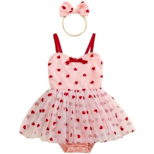 Baby Girl Valentine’s Day Outfit Sleeveless Heart Print Tulle Romper Dress Cute Spaghetti Strap Tutu Dresses