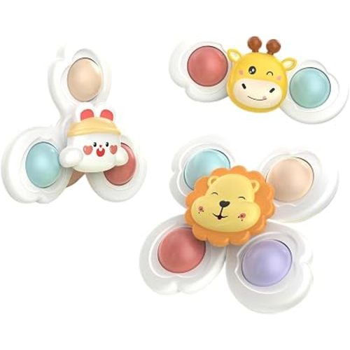 3-Pack Suction Spinners for Babies, Car Seat Toys - Sensory Fidget Spinners with Rabbit, Deer & Lions Designs for Bath, Travel & Play