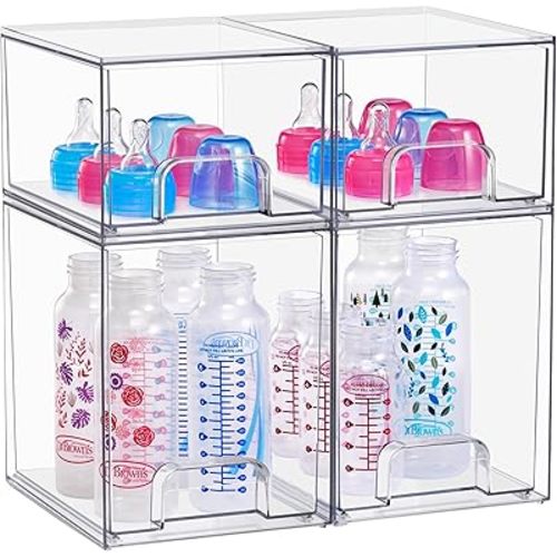 Sorbus Stackable Acrylic Storage Drawers, 4 Pack Clear Plastic Organizer Bins for Baby Bottles, Makeup, Bathroom, Vanity & Countertop Organization, Pull-Out Drawer Design for Cabinets & Pantry