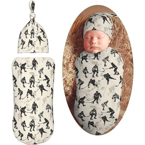 Watercolor Hockey Players Newborn Swaddle Blankets Hat Sets Soft Baby Receiving Blanket Swaddle Sack for Baby Shower Infant Boy Girl Gift