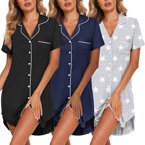 Ekouaer 3 Pack Women's Nightgown Button Down Sleepshirts Short Sleeve Nightshirts for Women Sleepwear V Neck Sleep Dress