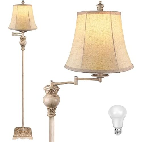 PARTPHONER Vintage Floor Lamps for Living Room,Traditional 350° Adjustable Swing Arm Farmhouse Floor Lamp for Bedroom, Rustic Standing Lamp Pole Lamps for Reading, Home Décor and Office, White