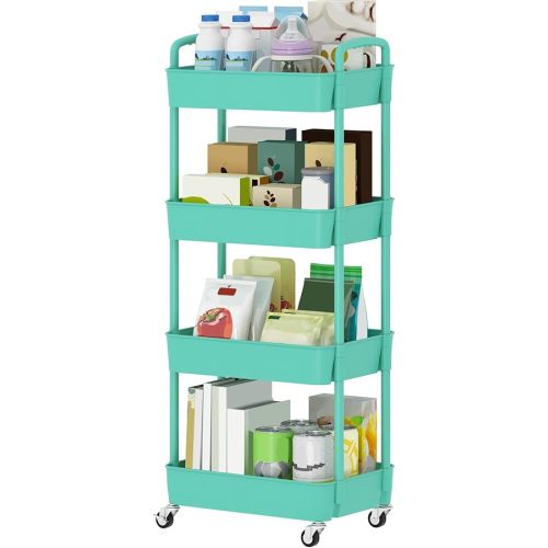 Sywhitta 4-Tier Plastic Rolling Utility Cart with Handle, Multi-Functional Storage Trolley for Office, Living Room, Kitchen, Movable Storage Organizer with Wheels, Green