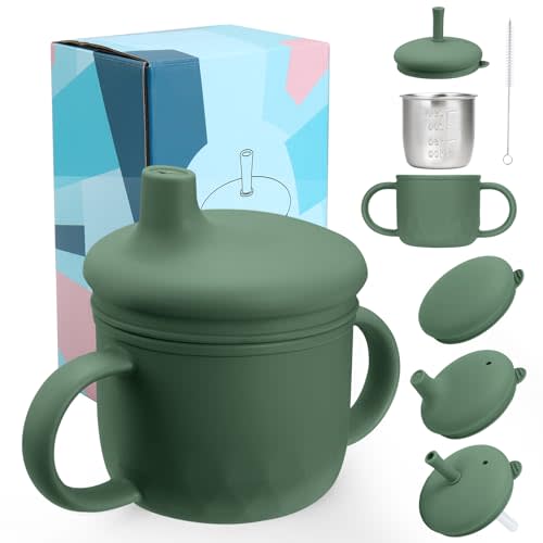 Mity rain Stainless Steel Sippy Cups for Toddlers1-3, Baby Straw Cups for 6+Month Old with Travel Lid, Silicone StrawReplacement Straw & Cleaning Brush-8oz Toddler Cups Spill Proof