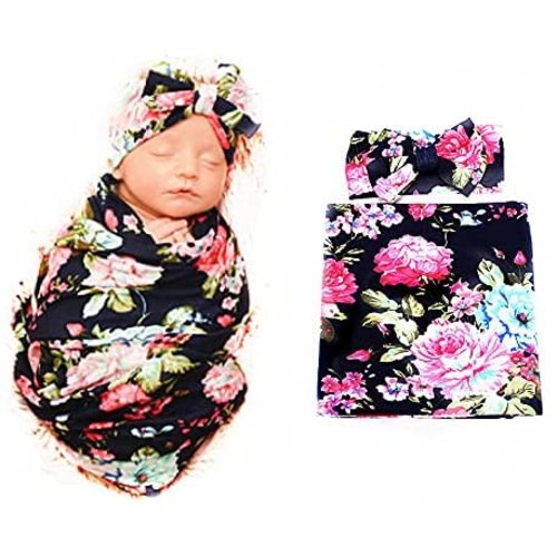 Galabloomer Receiving Blanket Headband Set Flower Print Baby Swaddle Receiving Blankets… (Navy Blue Rose)