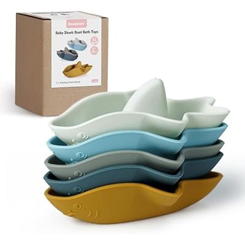 Bessentials Silicone Stackable Baby Shark Boat Bath Toys Set, Mold-Free Floating Bathtub Toys for Baby & Toddler,BPA Free,Set of 5