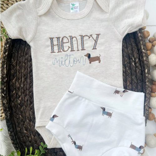 Personalized Baby Boy Outfit | Oatmeal Beige Bodysuit Dog Blue Custom – Wonderfully Made