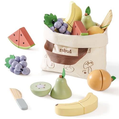 ROBUD Wooden Play Food for Kids Kitchen Cutting Set - Toddler Realistic Pretend Play Food Toys, Montessori Learning Toys for Children, Educational Role Play Gift for Boys Girls 3+ (Fruit Set)