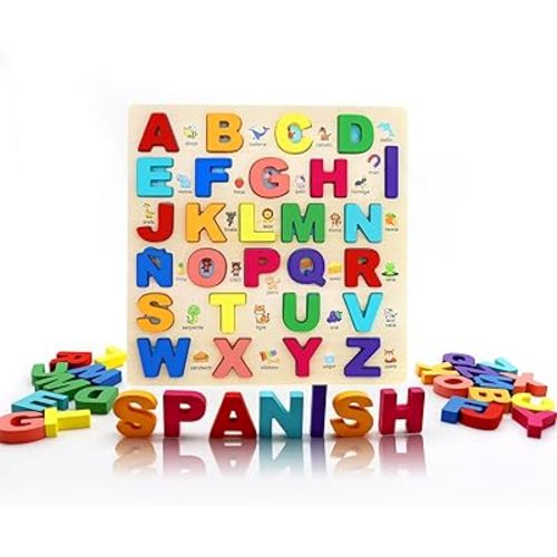 MAYAPHILOS Wooden Alphabet Puzzle, Learn Spanish for Kids with 27 Spanish Letters, Colorful ABC Shape Puzzles for Kids, Preschool Educational Learning Toys for Girls and Boys