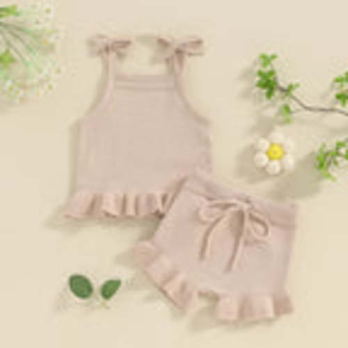 Baby Girl 2Pcs Outfits Knit Solid Color Sleeveless Cami Tank Top Tie with Elastic Waist Shorts Outfit Set