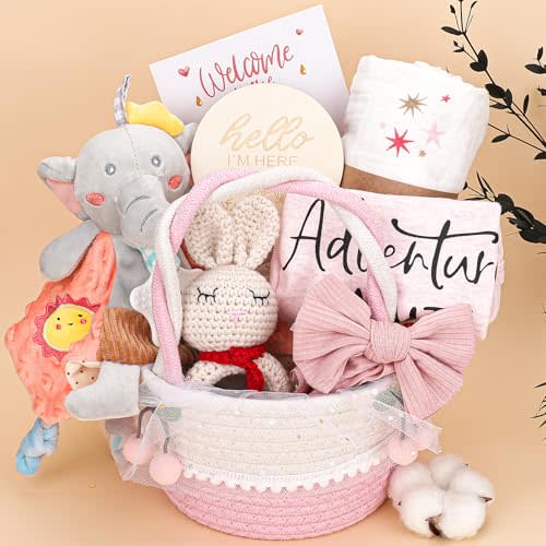 Baby Girl Gifts Basket,Baby Shower Gifts for Girls,New Born Baby Girls Gift,Baby Girl Gift Basket,Gender Reveal Gifts,Unique Baby Gift Essential Stuff,Rattle Swaddle Blanket Baby Girl Gifts