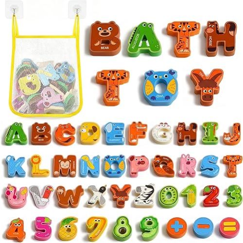 Joycat Bath Letters and Numbers for Toddlers, 39 PCS Foam Bath Toys with 26 Animal Alphabet Letters, 10 Fruit & Vegetable Numbers, 3 Math Symbols and Storage Bag, Bathtub Learning Toys for Kids