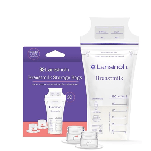 Lansinoh Breastmilk Storage Bags, 50 Count with 2 Pump Adapters, Baby Essentials, Fast Freeze & Thaw Breast Milk Bags for Baby Bottle Feeding, Strength & Stretch, 6 Ounce