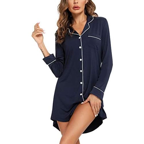 Samring Pajama Nightgown for Women Short/Long Sleeve Button Down Nightwear Top Boyfriend Sleep Shirts Nightdress S-XXL