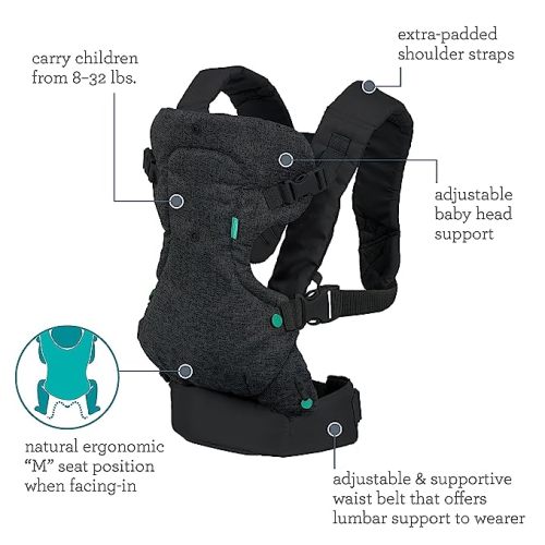 Infantino Flip 4-in-1 Convertible Baby Carrier, Adjustable, Ergonomic Babywearing, Registry Essential, Baby Carrier for Newborn to Toddler, Black