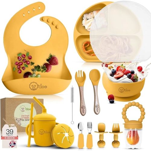 O'doe 17-Piece BPA-Free Silicone Baby Feeding Set | Thick & Soft Suction Plates, Baby Bowls, Wooden Fork & Spoon, and More | Make Mealtime Fun and Easy for Your Little One (Yellow, V2)
