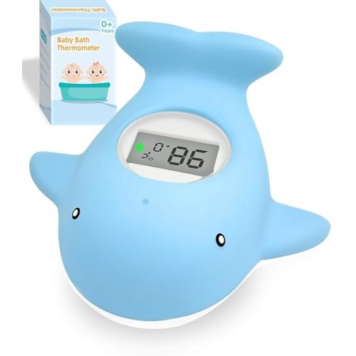Baby Bath Tub Thermometer - Bathtub Water Thermometer with Room Temperature - Safety Floating Whale Bathtub Toy - New Upgraded Mute Flashing Alert, Gift for Mom Newborn Infant