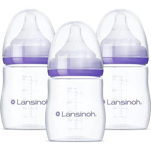 Lansinoh Anti-Colic Baby Bottles for Breastfeeding Babies, 160 ml (5 Ounces), 3 Count, Includes 3 Slow Flow Nipples, Size S
