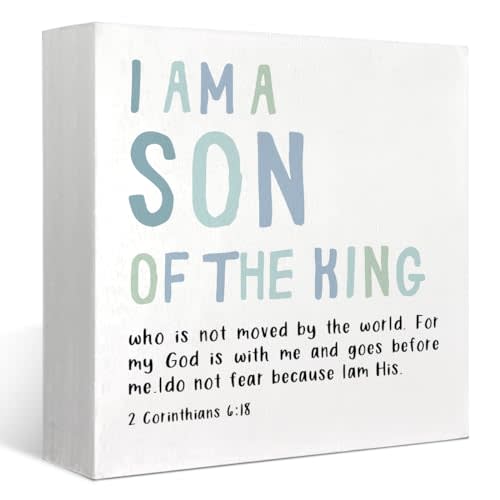 FLVGE Boy Nursery Decor, I Am A Son of The King Wooden Box Block Sign, Bible Verse Sign, 2 Corinthians 6:18 Scripture Decor for Home Baby Boy Room Nursery, 5x5