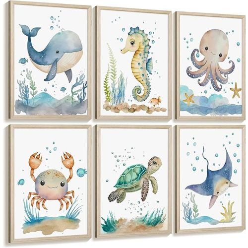 Nursery Sea Animal Wall Decor Set of 6 Ocean Watercolor Canvas Wall Art Baby Boys Room Wall Art Ocean Sea Animal Pictures Kids Girl Art Prints Nursery Artwork for Bedroom 8x10 Inch Framed