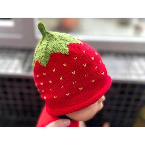 Strawberry Merino Wool Beanie: Hand-Knitted Baby Hat