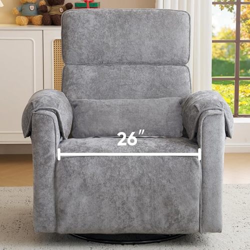 Oversized Power Recliner Chair, 26" Extra Wide Swivel Rocker Recliner with Adjustable Headrest, Chenille Glider Rocking Nursery Chair with Overstuffed Armrest, USB Ports, Grey