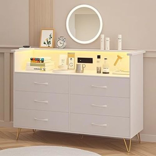 Dresser for Bedroom with Charging Station and LED Lights, Storage Organizer with 6 Drawers Wooden, Chest of Drawers for Living Room, Closet, Bedroom, Guest Room, Hallway Entryway
