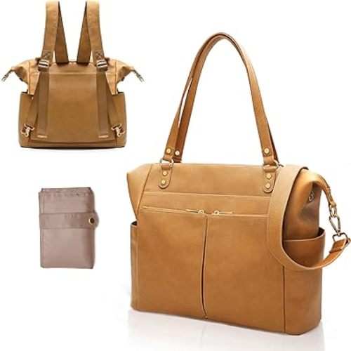 MOMINSIDE Diaper Bag Tote, Leather Diaper Bag Backpack with 14 Pockets for Mom Dad, Convertible Baby Bag for Boys Girls, Baby Registry, Changing Pad, Large 4 Insulated Pockets (Biscuit)