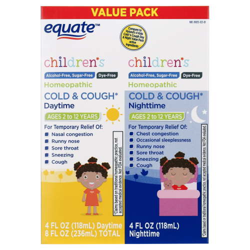 Equate Children's Dye-Free Homeopathic Daytime & Nighttime Cold & Cough Liquid Combo Pack, 8 fl oz (2x4 fl oz), Compare to Hyland's 4 Kids Cold 'n Cough Day & Night Value Pack Active Ingredients