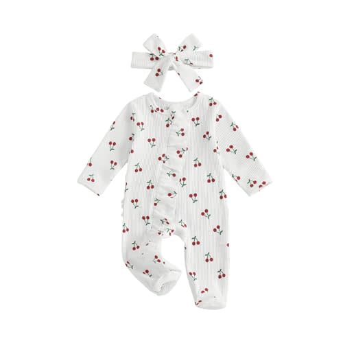 allshope Infant Baby Girl Fall Outfit Sweatshirt Romper Footies Cherry Print Ruffle Trim Jumpsuit Newborn Winter Clothes