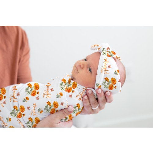 Marigolds Flowers Swaddle Set, Marigold Flowers Swaddle, Personalized Baby Blanket, Marigolds Blanket, Marigolds Baby Shower Gift F107