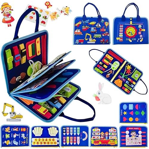 Toddler Busy Board-Montessori Toys for Boy Girl Birthday Gift, Sensory Learning Toys for Toddlers Busy Book, Airplane Car Travel Activities Toy,Learn Fine Motor Skills