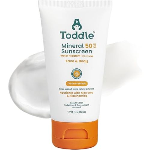 Toddle Prebiotic Mineral Sunscreen SPF 50 for Kids & Baby, Face & Body Sun Protection, Reef Safe, Non-Toxic Zinc Oxide Broad Spectrum, Water-Resistant, No White Cast, Travel Size 1.7oz