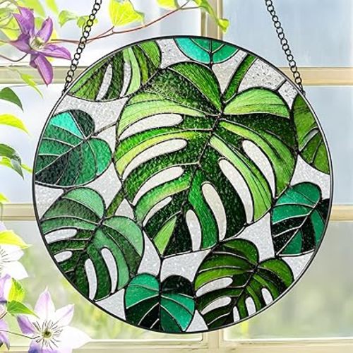 Stained Glass Window Hanging, 8 Inch Monstera Plant Stained Glass Suncatcher, Plant Sun Catcher, Plant Lover Decor, Plant Lover Gifts, Mother's Day, Birthday, Housewarming, Christmas, Festival Gifts