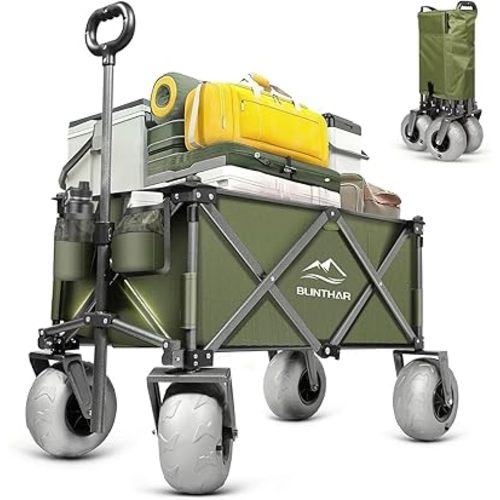 Beach Wagon with Big Wheels for Sand, Heavy Duty Collapsible Folding Wagon with All-Terrain 9" Pneumatic Tires & Drink Holders, Utility Wagon for Garden Sports Camping Outdoor Activities