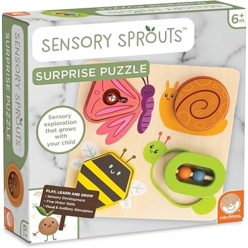 MindWare Sensory Sprouts Surprise Puzzle - Wooden Baby Puzzle with Mirror, Bells & Beads - Educational Toy for Infants & Toddlers 6+ Months Montessori Baby Toy