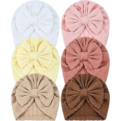 Dizila 6 Pieces Soft Stretchy Turban Hats with Bow Newborn Nursery Hospital Caps Bonnets Beanies Headwraps for Baby Girls Infants Toddlers