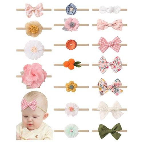 doboi 18PCS Baby Girl Headbands with Bows Baby Flower Hair Bows | Nylon Hairbands Handmade Hair Accessories for Newborn Infant Toddlers Little Girls and Kids