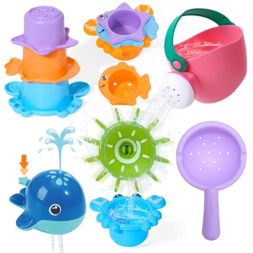 Baby Bath Toys for Kids Ages 1-3, Mold Free Set with Whale & Spinner 7 PCS | Spray, spin, scoop, pour and stack in tubs, water tables or toddler pools; drainage holes simplify rinsing and air-drying