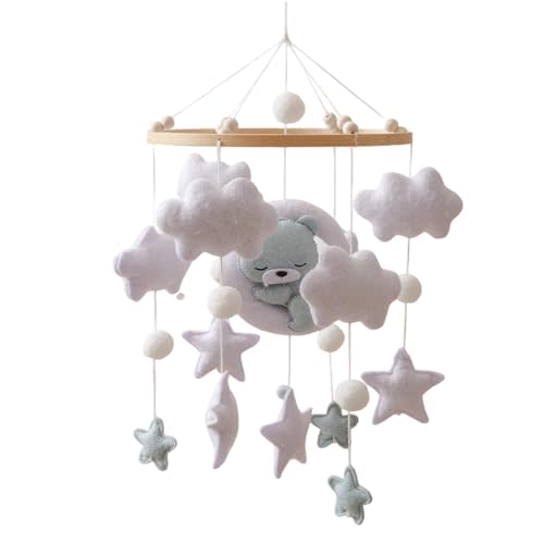 Felt Cotton Moon Sleeping Bear Crib Mobile, Handmade Cute Bear-Themed Nursery Decor, Bamboo Hoop Ceiling Hanging Ornament Suitable for Boys Girls (Blue)