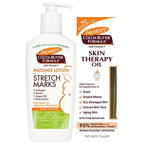 Palmer's Stretch Mark Care Body Lotion + Body Oil Bundle, Cocoa Butter Formula with Vitamin E Skin Care for Pregnant Women, Includes 1 Massage Oil (5.1 fl oz) and 1 Massage Lotion (8.5 fl oz)