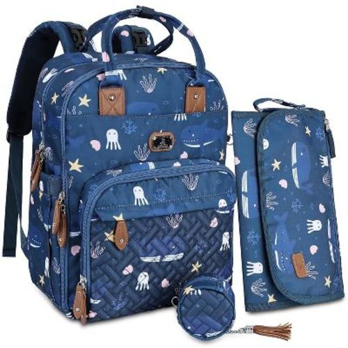 Dikaslon Diaper Bag Backpack with Portable Changing Pad, Pacifier Case and Stroller Straps - Blue Sea Squad