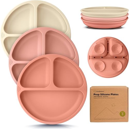KeaBabies Suction Plates for Baby, Toddler - 3-Pack 100% Silicone Toddler Plates with Suction, Divided, BPA-Free Baby Led Weaning Essentials for Kids, Dishwasher, Microwave Safe, Durable (Burgundy)