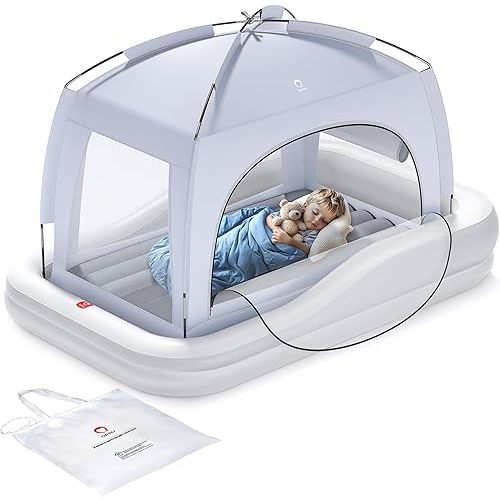 QPAU Inflatable Toddler Travel Bed with Tent, Baby Crib Tent, Portable Kids Air Mattress with Safety Bumpers, Ideal for Home, Grandma's, Camping, Traveling (Grey)