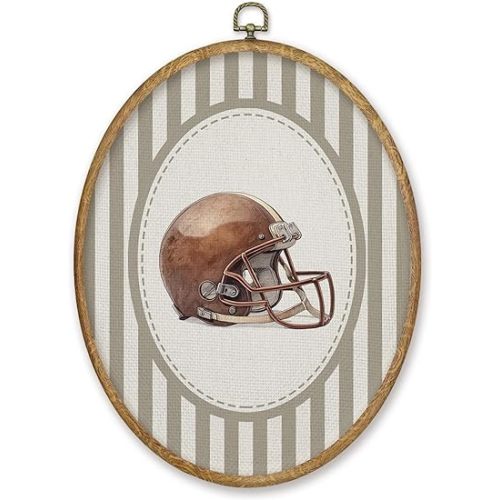 CGBHW Vintage Football Nursery Oval Wall Art Decor Products, Sports Canvas Prints Framed, Neutral Striped Football Helmet Wall Art Hanging Decor for Home Kids Boy Nursery Room Playroom, 8.6x11.4 Inch